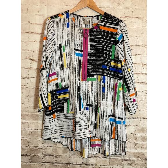 Multiples Artsy Top Womens Medium Colorful Retro Stripes Asymmetric Hem Zip Up - Picture 1 of 13